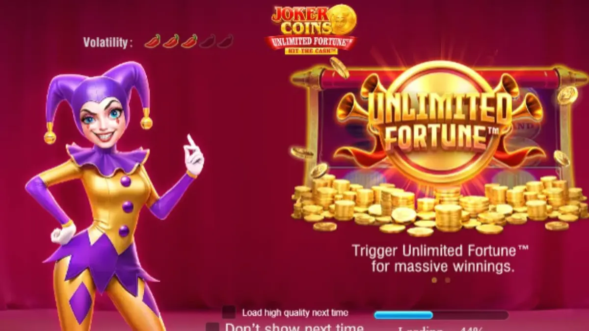Tampilan visual slot Joker Coins Unlimited Fortune dengan tema neon dan simbol buah klasik.
